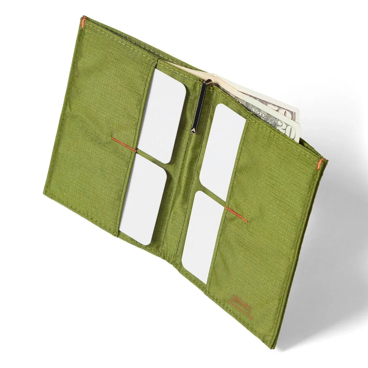 The Original Nylon Wallet from Allett open to show the structure of the wallet and the cards it holds cala-green