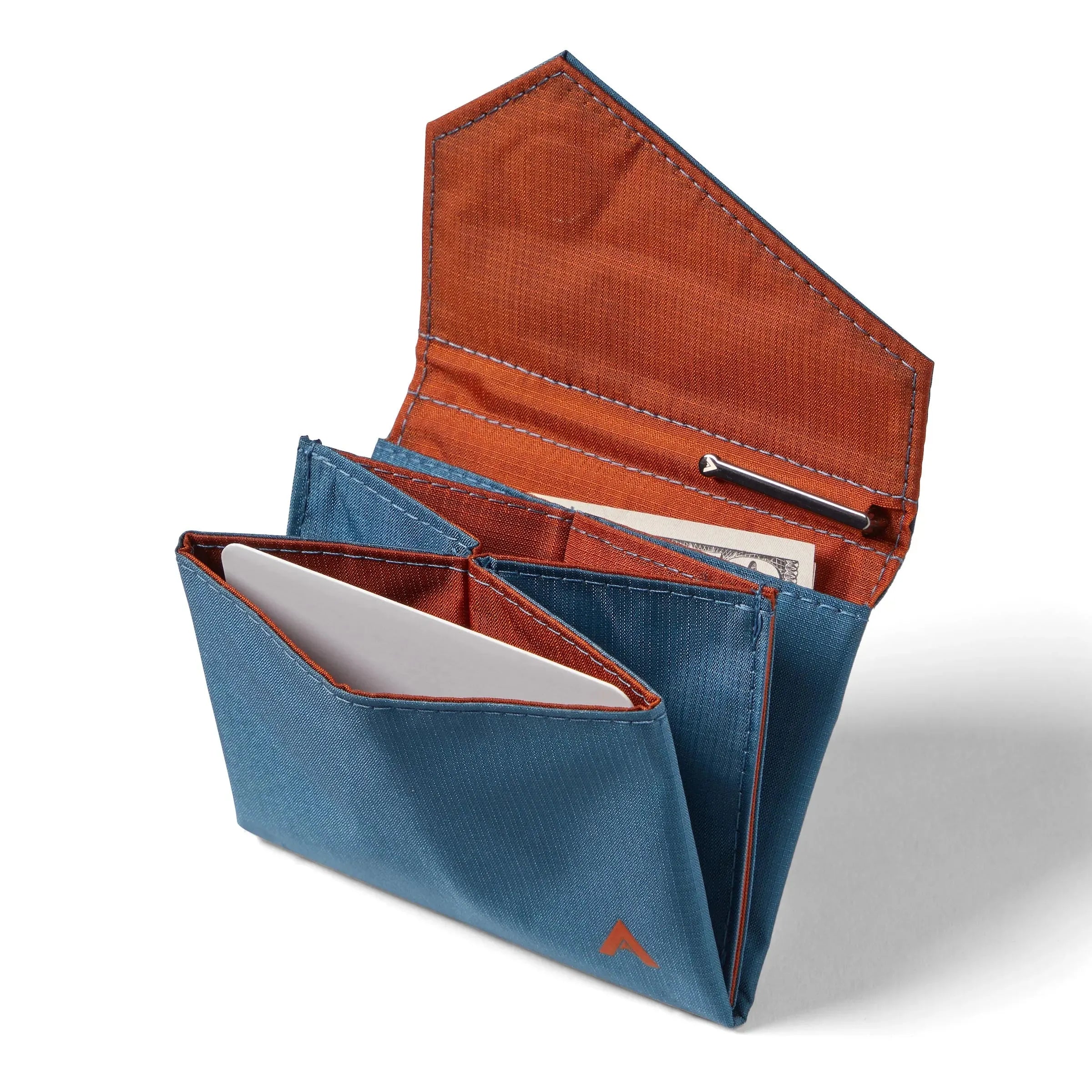 The indigo blue nylon accordion wallet by Allett, opened to unveil various slots for credit cards and currency, an orange nylon interior, and compartment inside the flap. Allett Accordion Wallet in RFID Blocking Nylon indigo-blue
