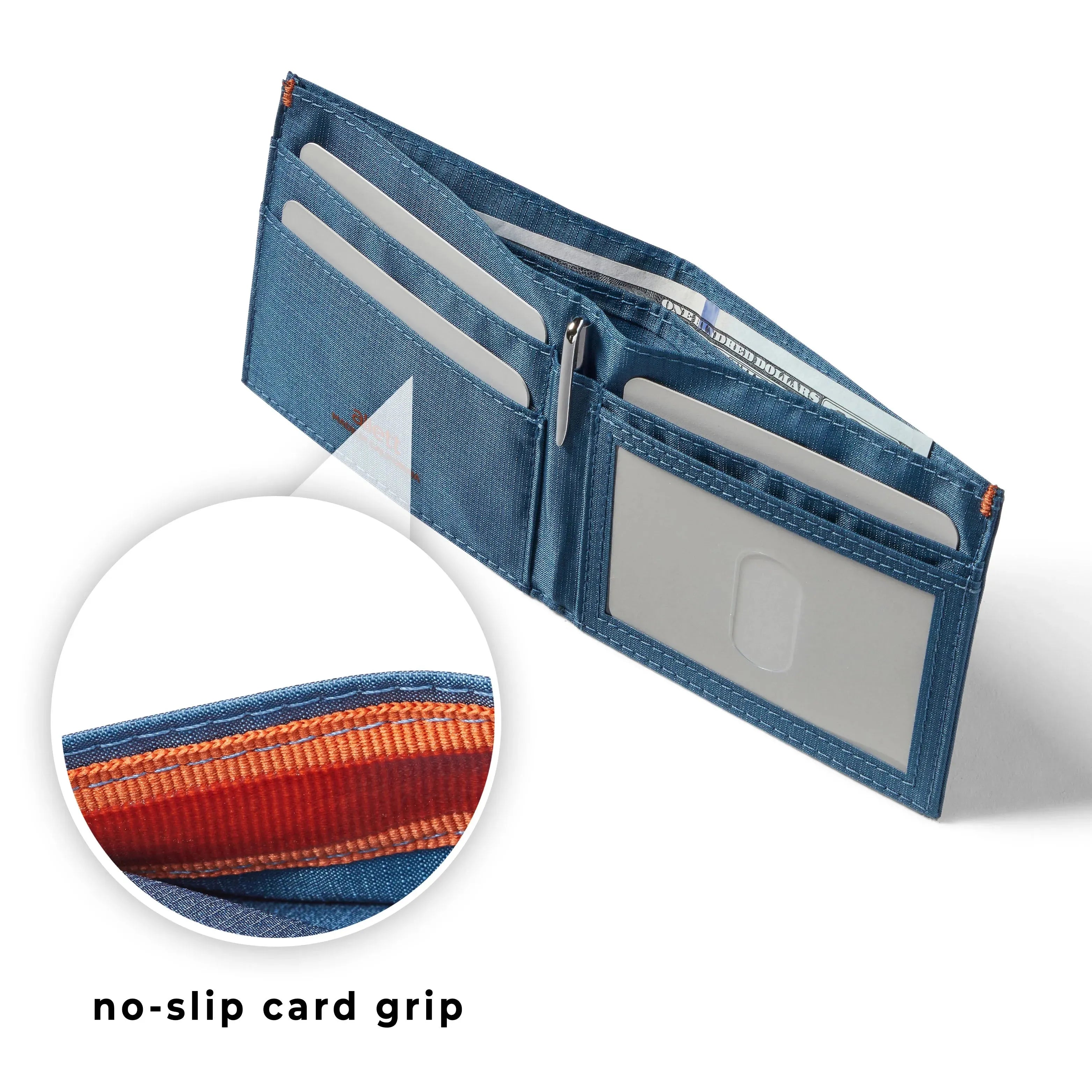  magnified circle to show the no slip grip -Allett ID Wallet Nylon RFID Indigo-blue