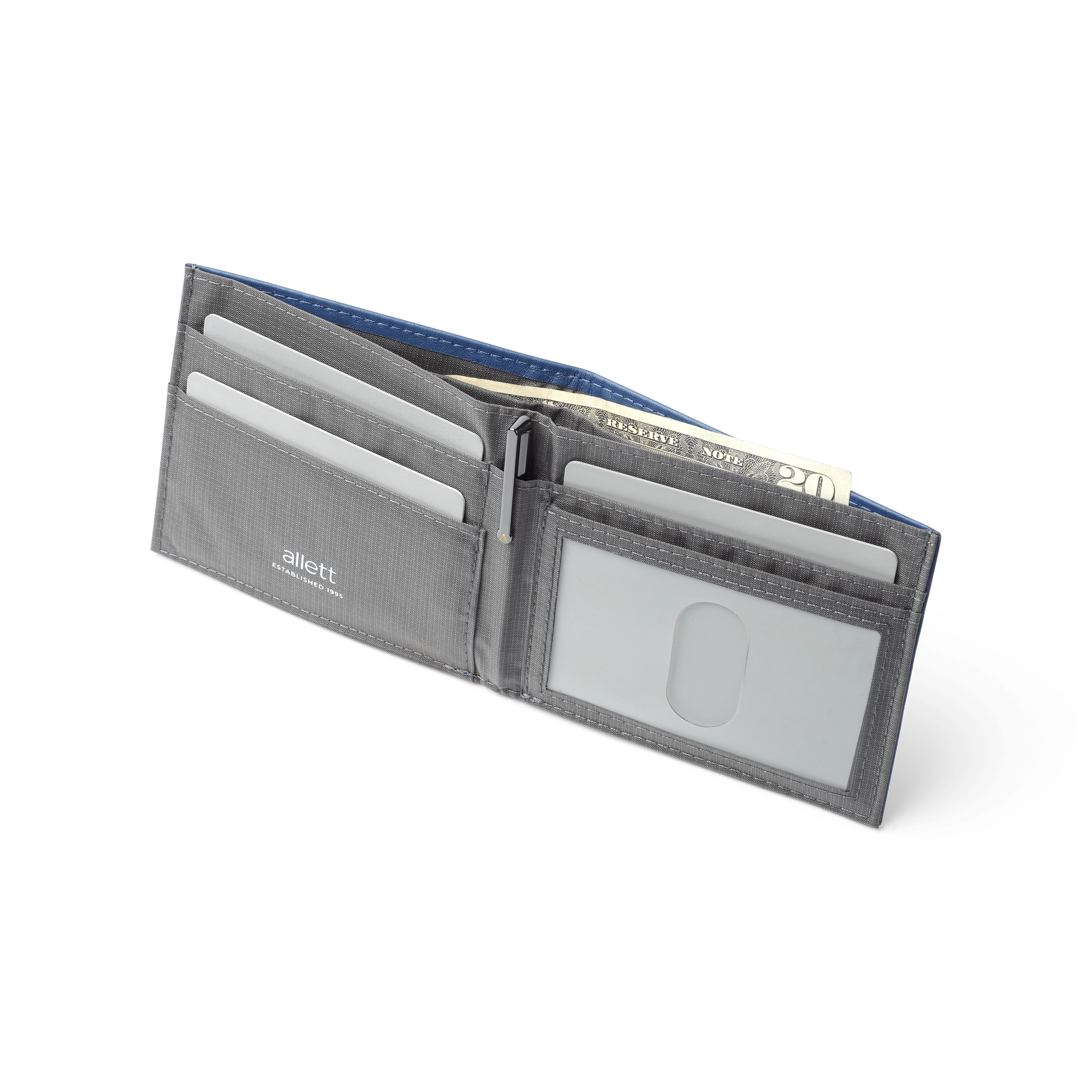 Cobalt-Blue wallet opened with Allett logo on a transparent background